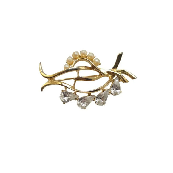 Clear Rhinestone Faux Pearl Beaded Open Leaf Brooch Pin Gold Tone Vintage - Picture 1 of 4